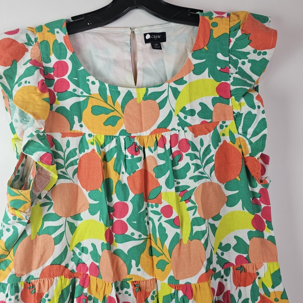 J. Crew Linen Blend Printed Mini‎ Dress A-Line Tiered Floral Fruit Pockets Sz 12 - Picture 9 of 9